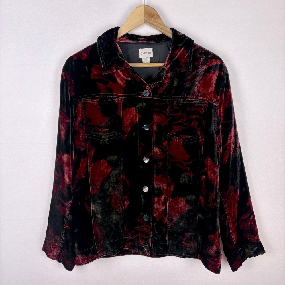 Chico’s Floral Crushed Velvet Shirt Jacket Holiday Elegant Office